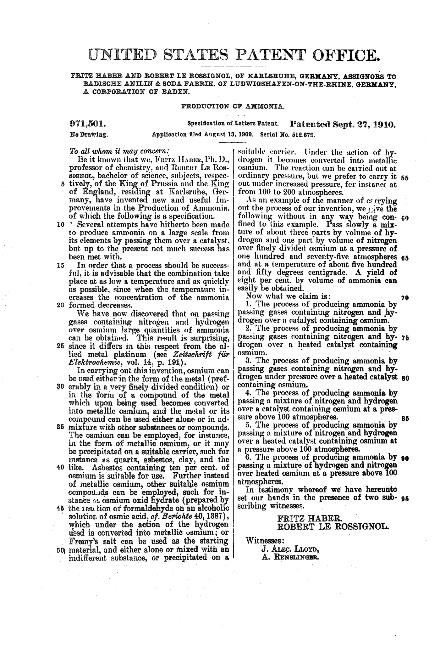 US 971,501 の公報全体（1頁）。上部に発明者・譲受人・名称、左段に課題と発見と触媒の形態、右段に好ましい圧力、実施例、6本のクレーム。