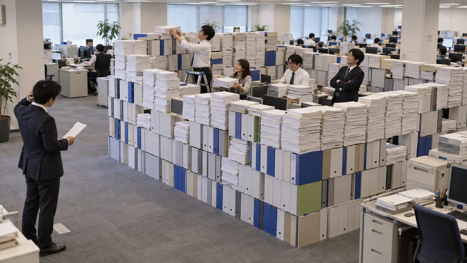 オフィスの一角。ある部署の社員たちが、分厚いファイルと書類の束を自分たちの席の周りに積み上げ、壁のように囲っている。壁の内側では数人が笑顔で次の束を積み、一人は脚立に乗って最上段を整え、一人は腕を組んで眺めている。壁の外では、書類を1枚持った別の社員が、頭に手をやって立ち止まっている。