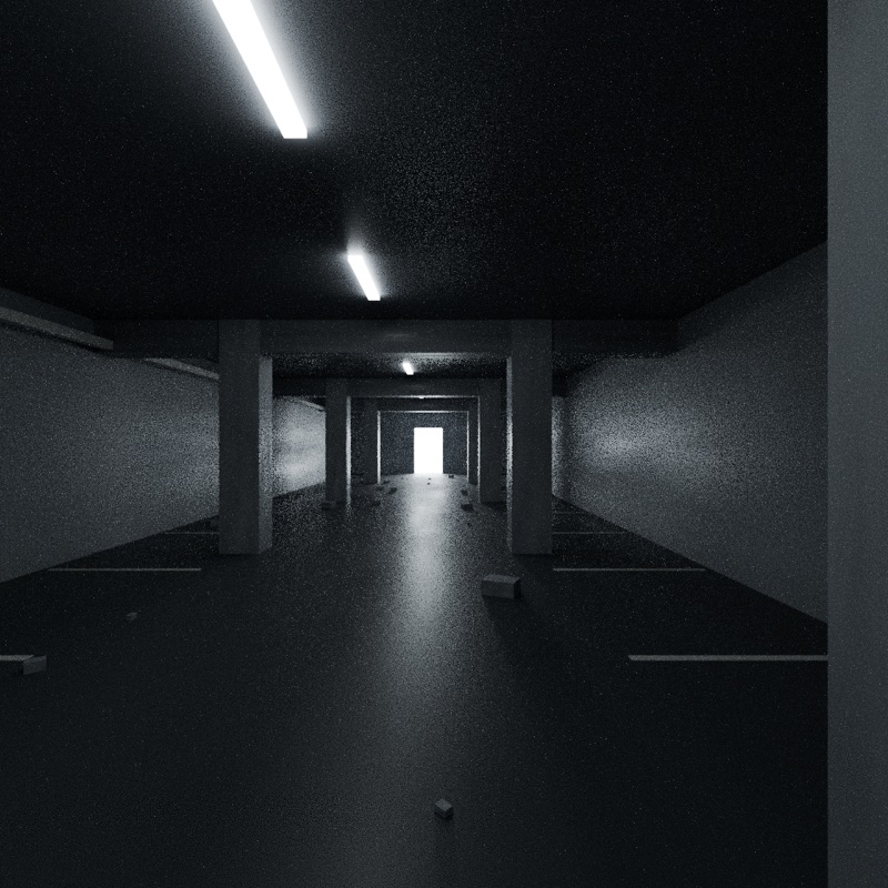 Blender の Cycles でレンダーした地下通路。濡れた床に蛍光灯が映り、奥の戸口が明るい